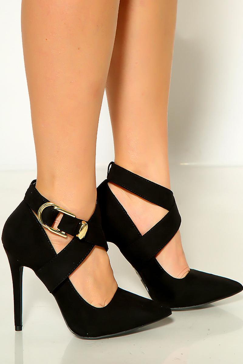 Black Suede PU Pointed Thick Criss-Cross Strap Heels - AMIClubwear