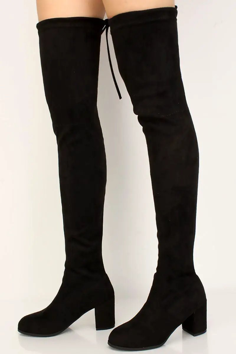 Black Suede Stay Up Chunky Heel Thigh High Over The Knee Boots
