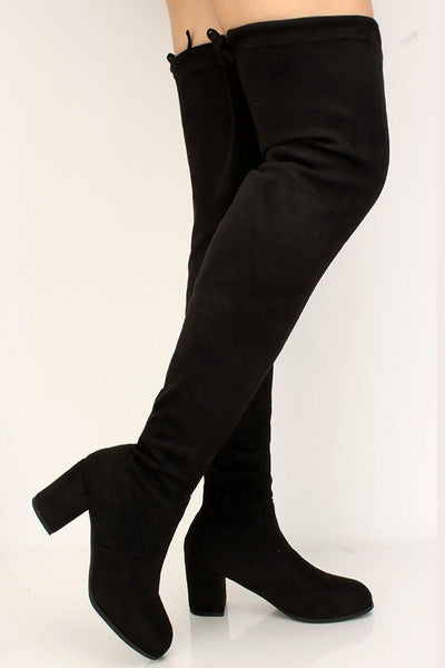 Black Suede Stay Up Chunky Heel Thigh High Over The Knee Boots - AMIClubwear