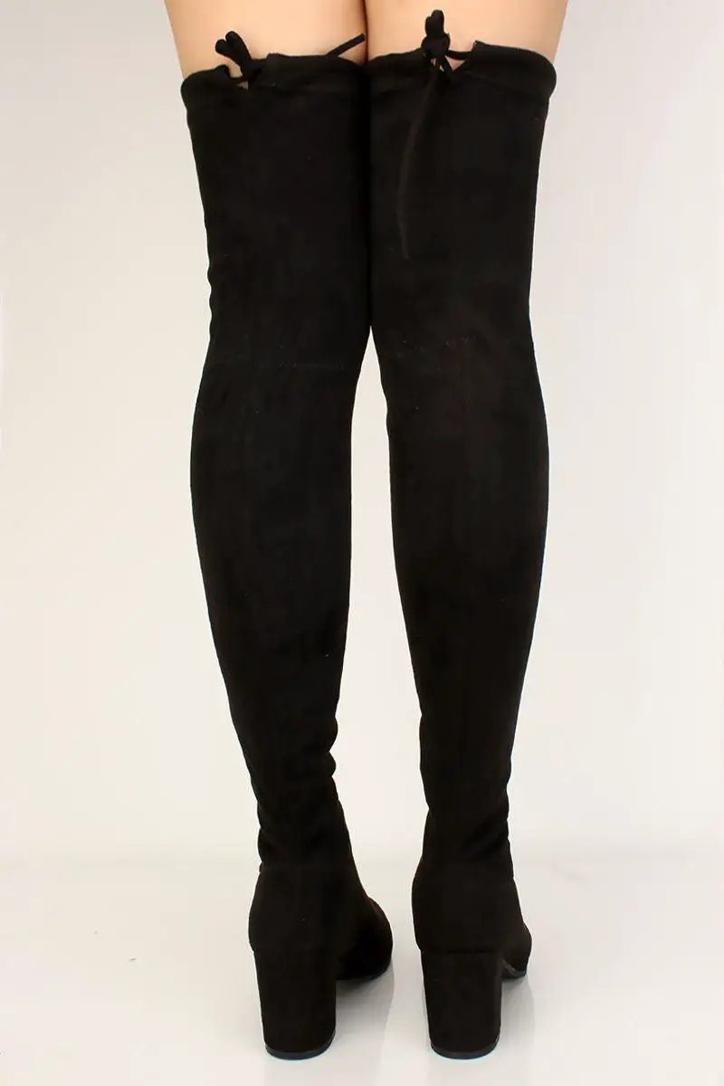Black Suede Stay Up Chunky Heel Thigh High Over The Knee Boots