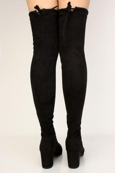 Black Suede Stay Up Chunky Heel Thigh High Over The Knee Boots - AMIClubwear
