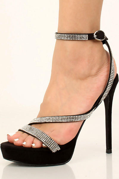 Black Suede Strappy Rhinestone Detail High Heels - AMIClubwear