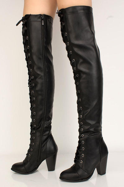 Black Thigh High Lace Up Chunky Heel Boots - AMIClubwear