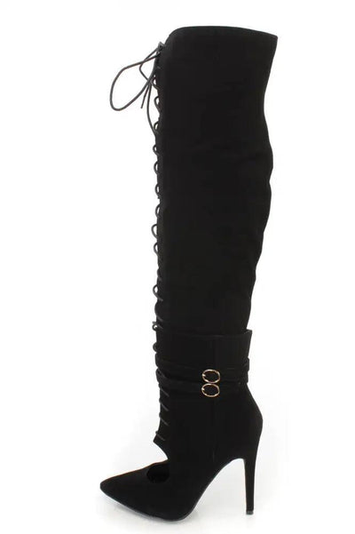 Black Thigh High Lace Up High Heel Boots Nubuck - AMIClubwear