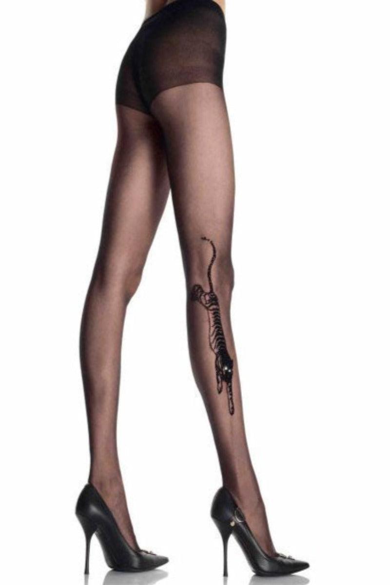 Black Tiger Tattoo Sheer Pantyhose - AMIClubwear