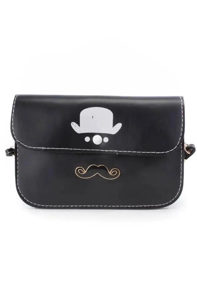 Black Top Hat Mustache Pendant Faux Leather Clutch