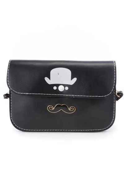 Black Top Hat Mustache Pendant Faux Leather Clutch - AMIClubwear