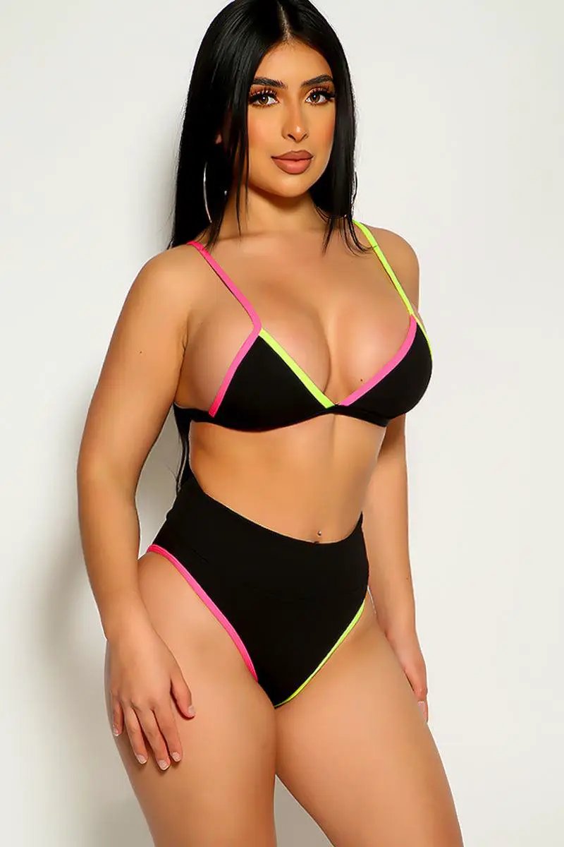 Black Two Tone High Waist Two Piece Swimsuit