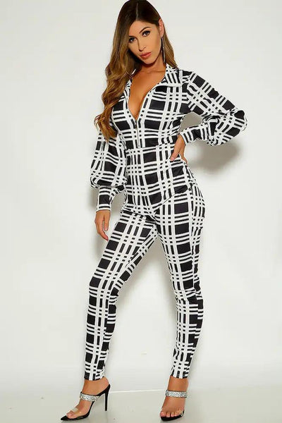 Black Two Tone Long sleeve Front Zipper Jumpsuit - AMIClubwear