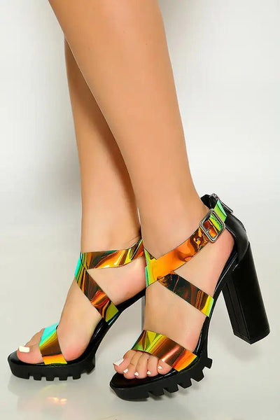 Black Two Tone Strappy Detail Platform Chunky High Heel - AMIClubwear