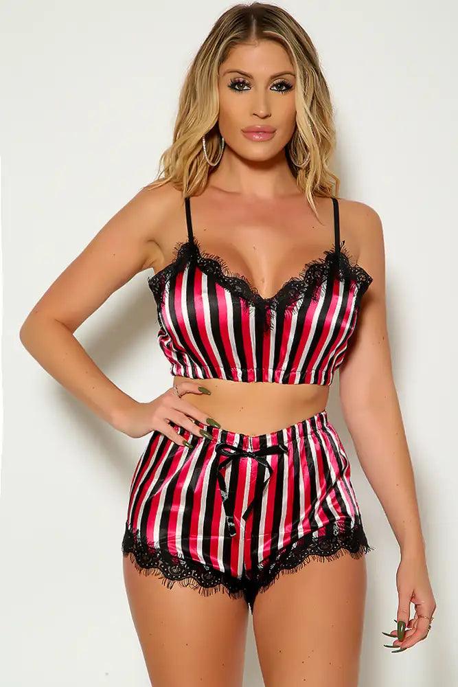 Black Two Tone Striped Two Piece Intimate Set - AMIClubwear