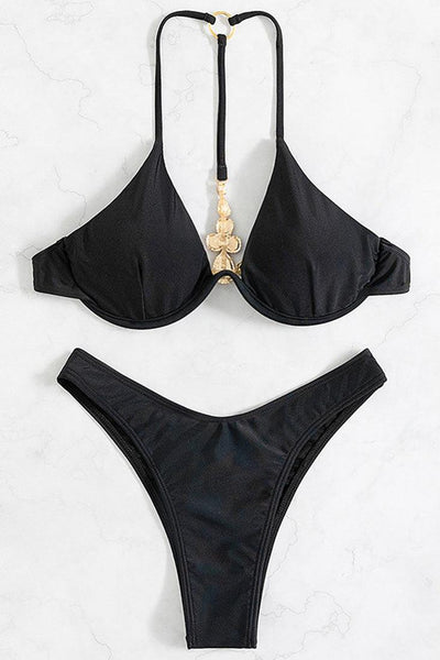 Black U Underwire Rhinestones Back Two Piece Sexy Swimsuit - AMIClubwear