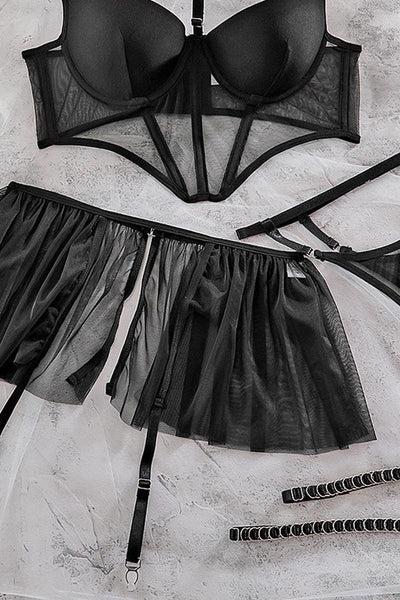 Black Underwire Sheer Mesh Ruffled Lingerie Set - AMIClubwear