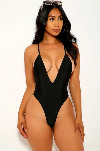 Black V-Cut One Piece Swimsuit - AMIClubwear