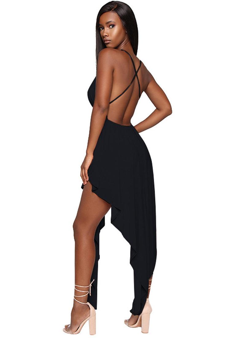Black V-Cut Sleeveless Asymmetrical Party Dress - AMIClubwear