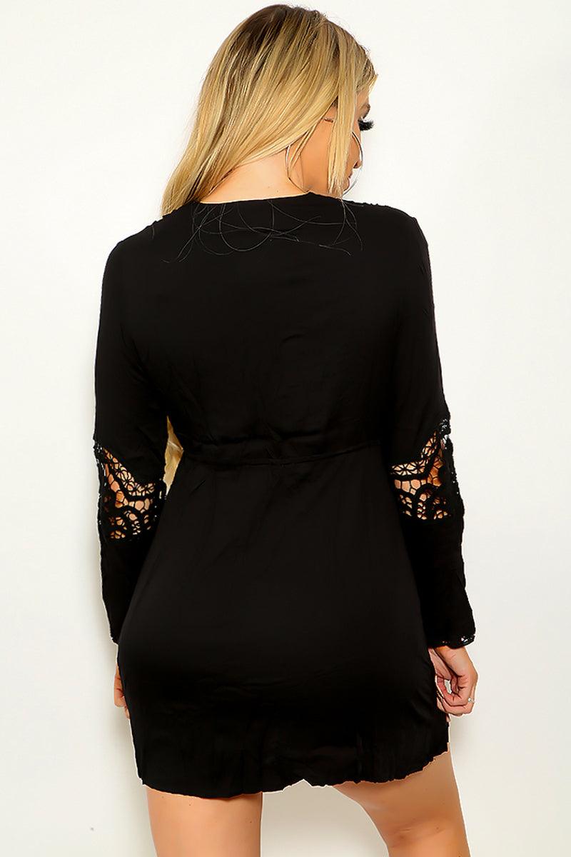 Black V-Neck Long Sleeve Lace Mini Dress - AMIClubwear