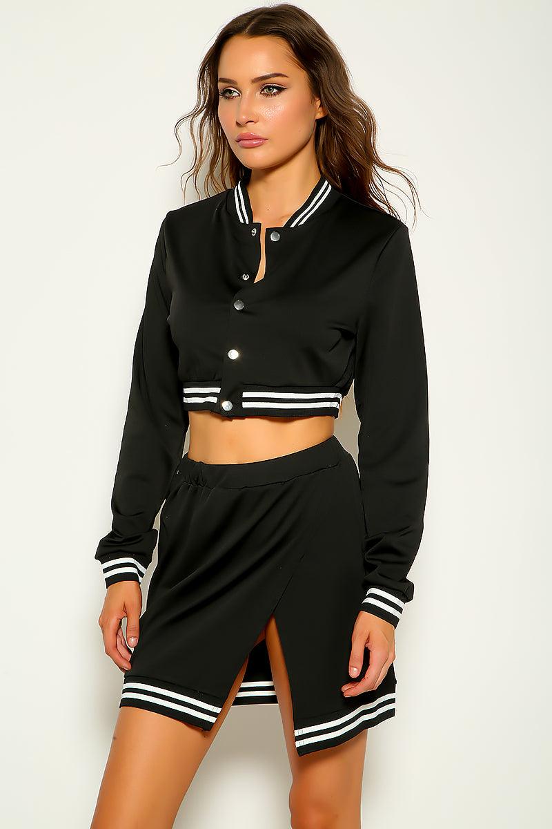 Black Varsity Crop Jacket & Slit Open Skirt 2 Pc Set - AMIClubwear
