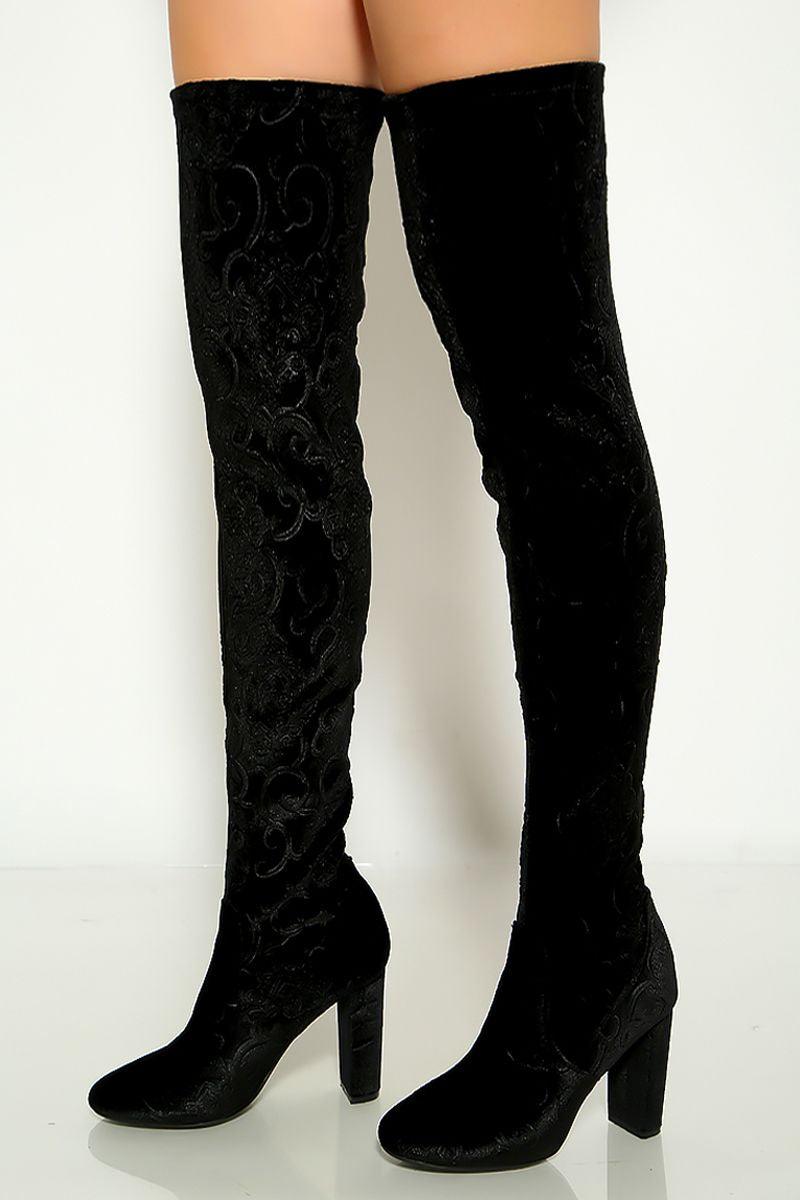 Black Velvet Embossed Detail Chunky Heel Thigh High Boots - AMIClubwear