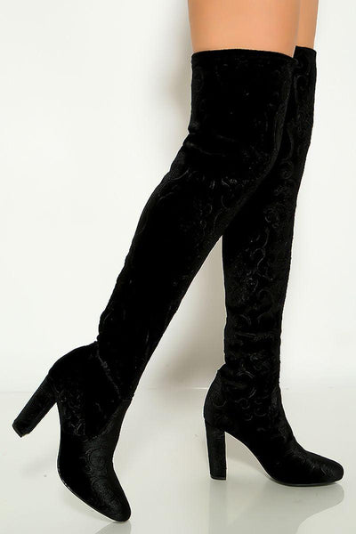 Black Velvet Embossed Detail Chunky Heel Thigh High Boots - AMIClubwear