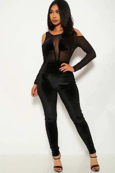 Black Velvet Long Sleeve Jumpsuit - AMIClubwear
