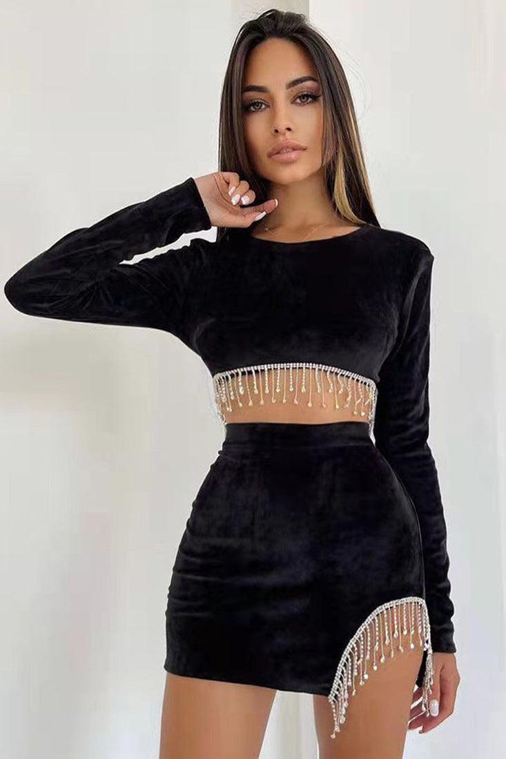 Black Velvet Rhinestone Fringe Crop Top Two Piece Party Dress - AMIClubwear