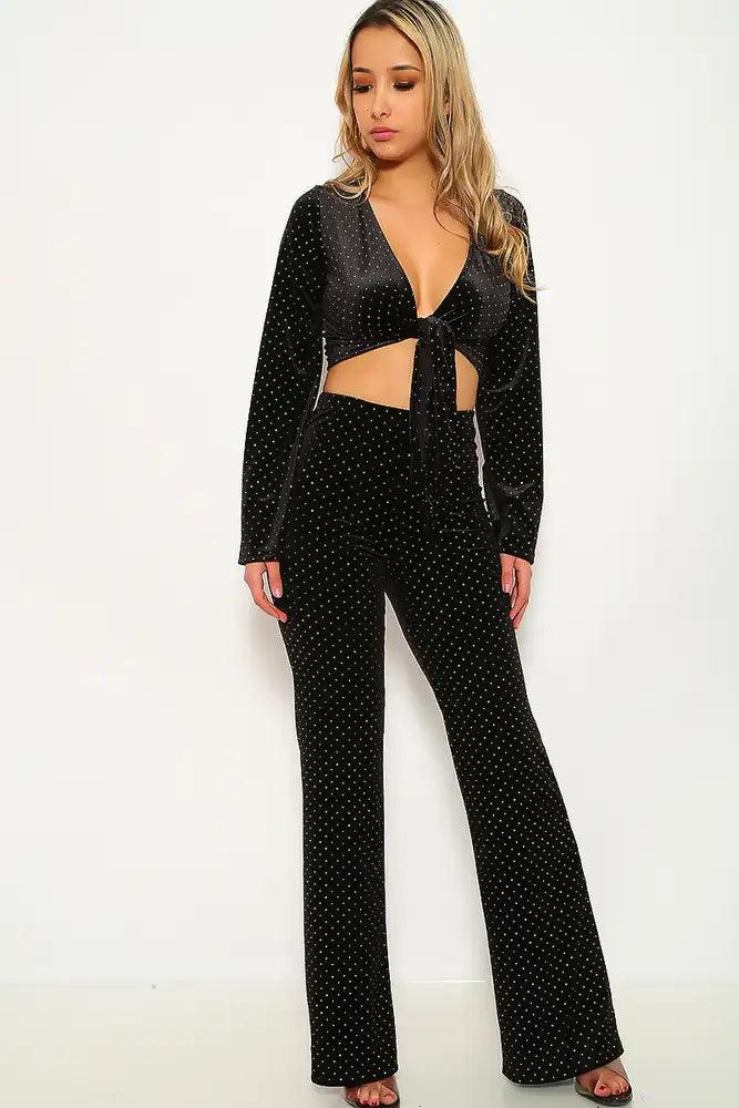 Black Velvet Studded Two Piece Outfit - AMIClubwear