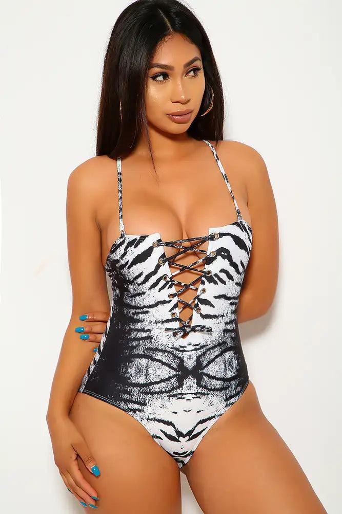 Black White Animal Print Lace Up One Piece Swimsuit - AMIClubwear