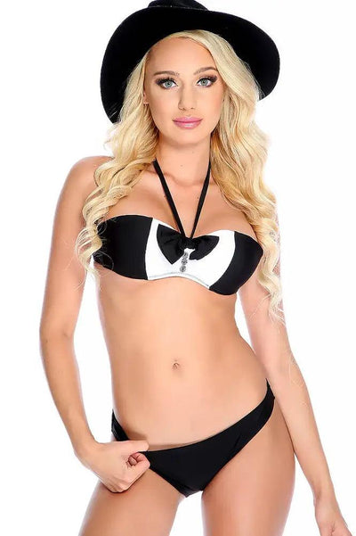 Black White Bow Bandeau Tuxedo Halter Bikini Two Piece Swimsuit - AMIClubwear