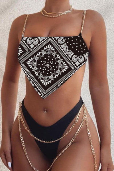 Black White Chain Accent Mid Rise Two Piece Swimsuit - AMIClubwear
