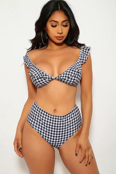 Black White Checkered Print Two Piece Swimsuit - AMIClubwear