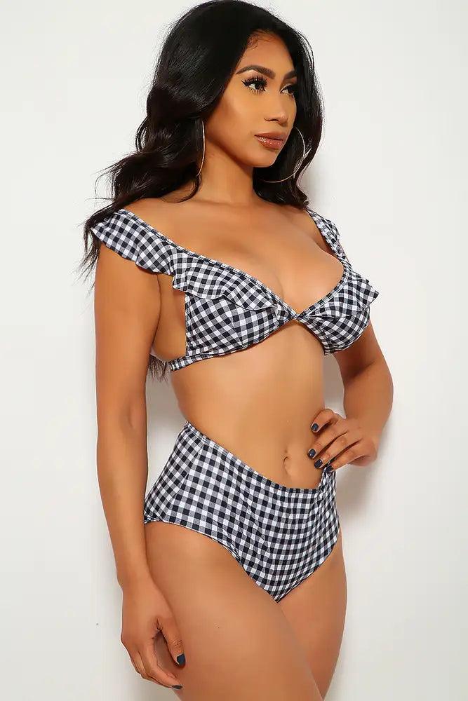 Black White Checkered Print Two Piece Swimsuit - AMIClubwear