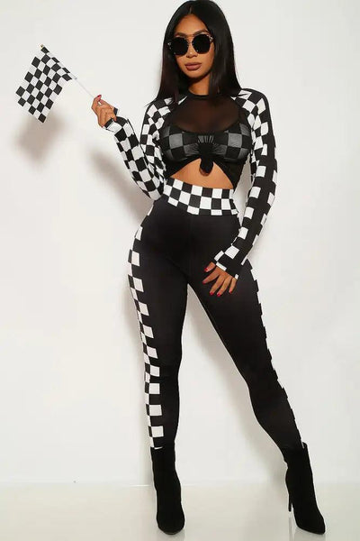 Black White Checkered Racer 3 Piece Costume - AMIClubwear