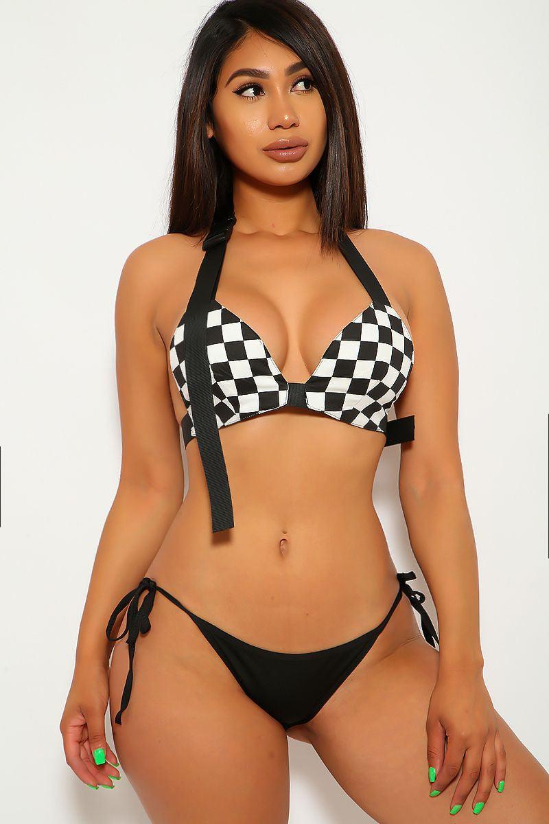 Black White Checkered Two Piece Swimsuit - AMIClubwear