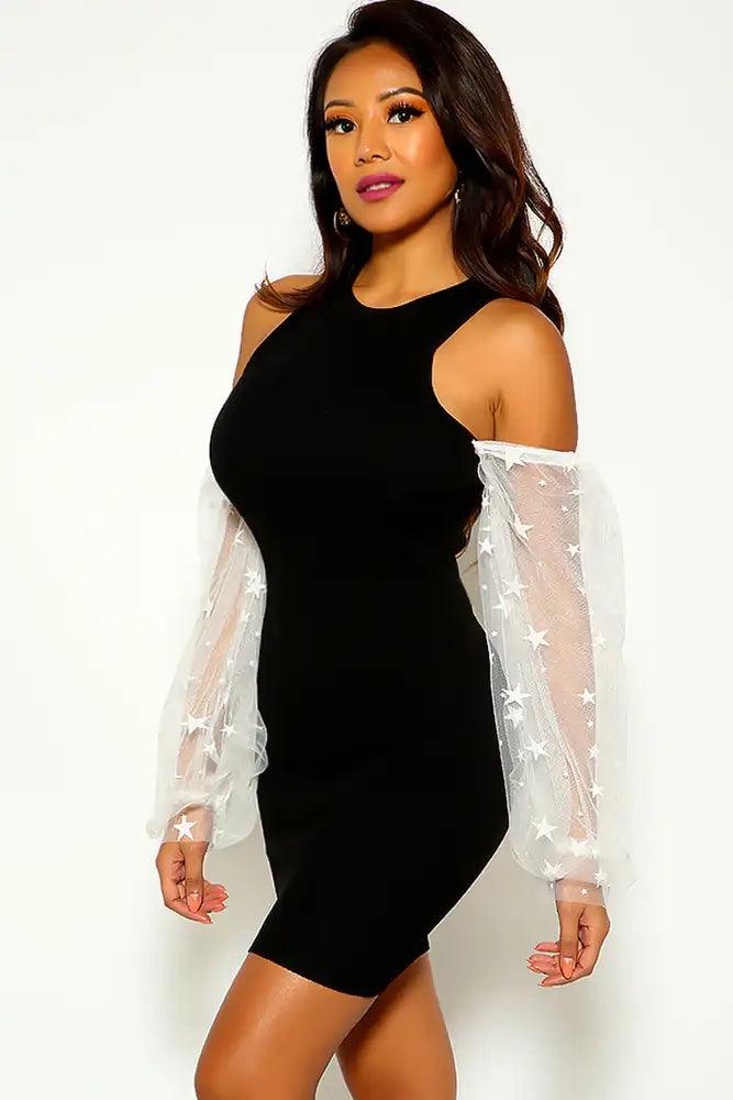 Black White Cold Shoulder Mesh Ribbed Party Dress - AMIClubwear