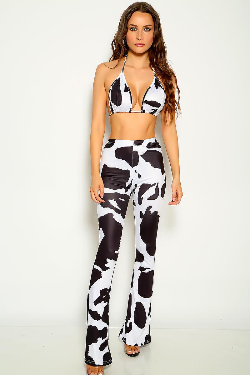 Black White Cow Print Flared Two Piece Outfit - AMIClubwear