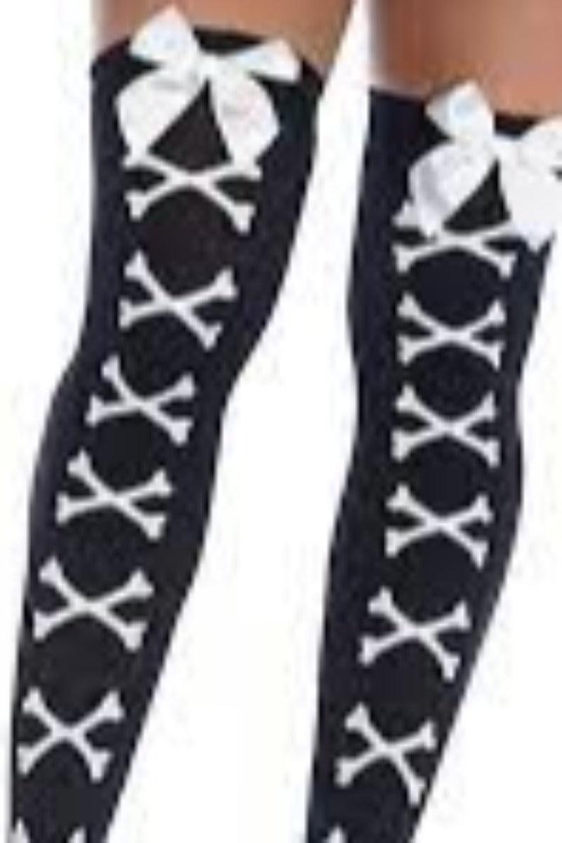 Black White Crossbone Print Bow Top Thigh Highs - AMIClubwear