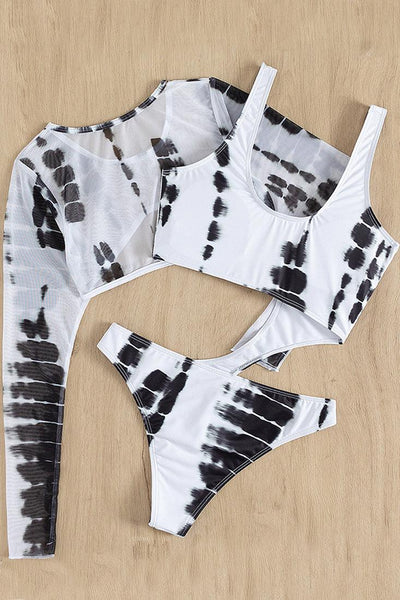 Black White Cut Out Monokini With Long Sleeve Pullover Cover Up - AMIClubwear