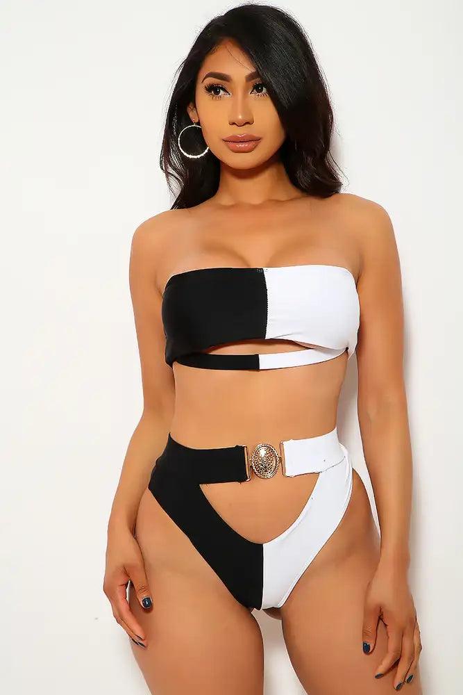 Black White Cut Out Padded Two Piece Swimsuit