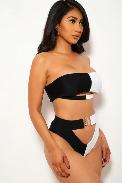 Black White Cut Out Padded Two Piece Swimsuit - AMIClubwear