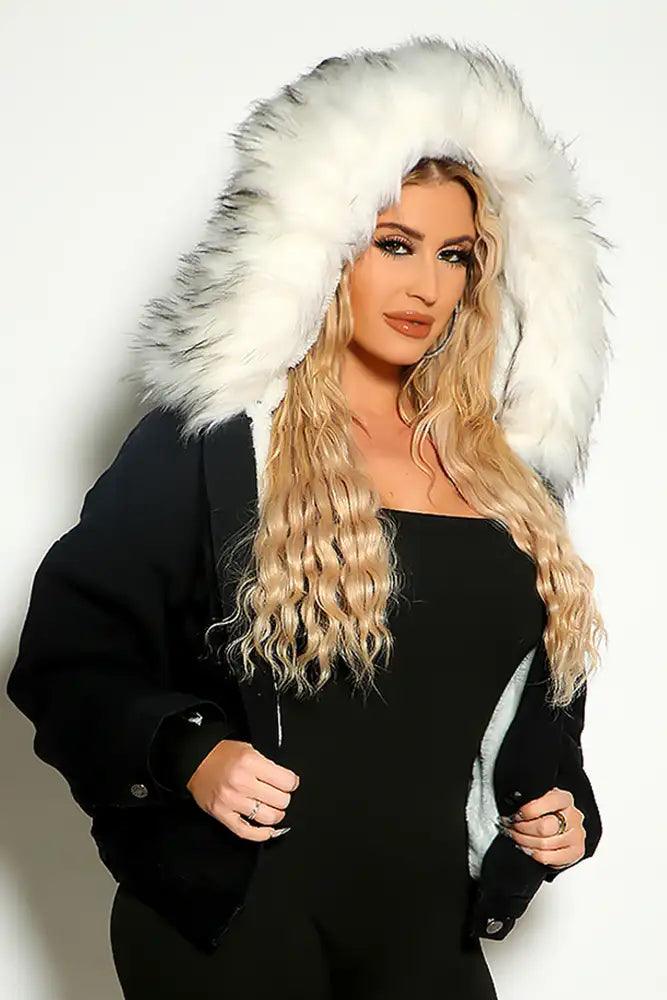 Black white Faux Fur Denim Hooded  Cozy Jacket - AMIClubwear