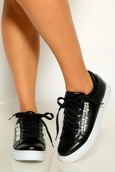 Black White Faux Pearls Lace Up Sneakers - AMIClubwear