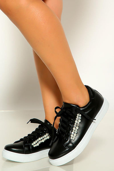 Black White Faux Pearls Lace Up Sneakers - AMIClubwear