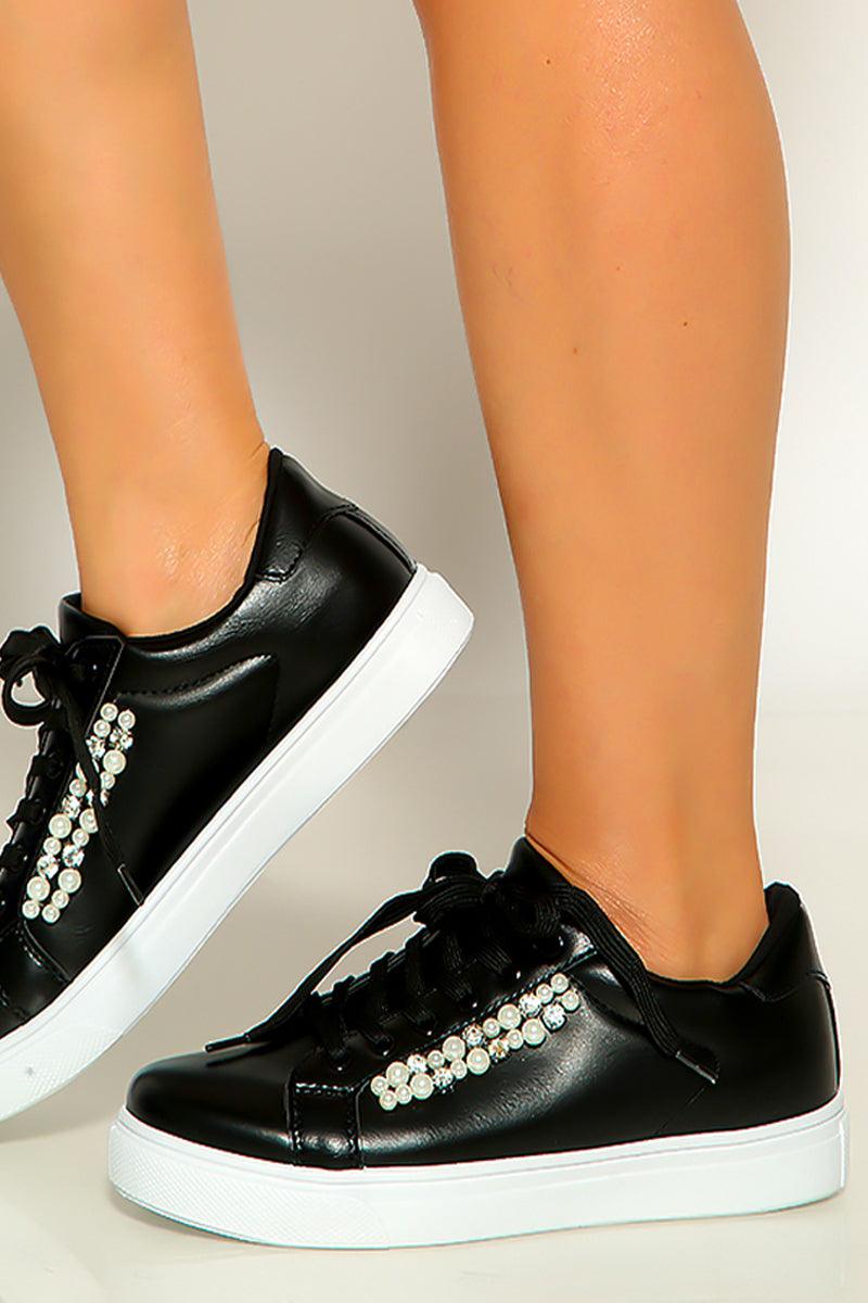 Black White Faux Pearls Lace Up Sneakers - AMIClubwear