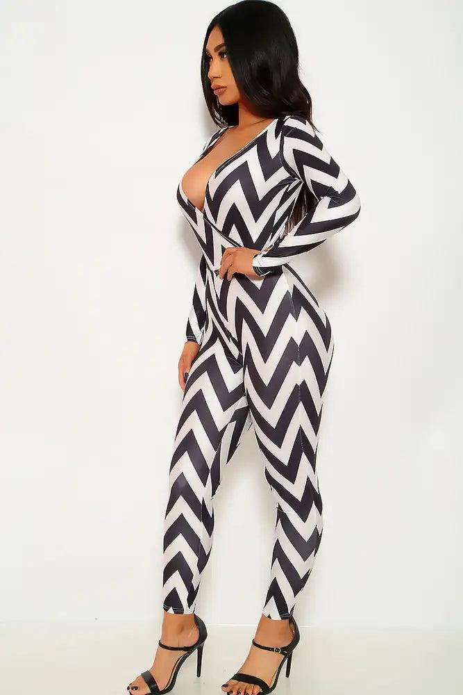 Black White Geometric Print Jumpsuit - AMIClubwear