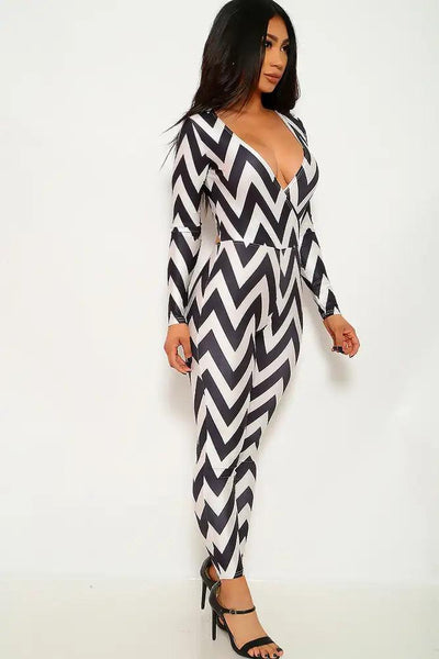 Black White Geometric Print Jumpsuit - AMIClubwear