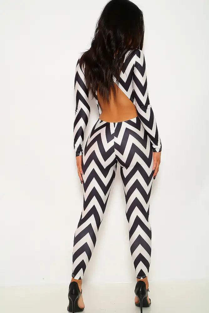 Black White Geometric Print Jumpsuit - AMIClubwear