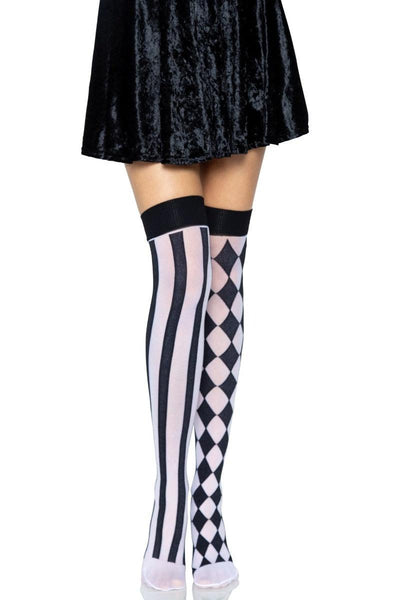 Black White Geometric Print Thigh Highs - AMIClubwear