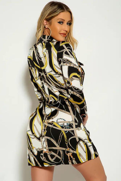 Black White Graphic Print Button Up Party Dress - AMIClubwear