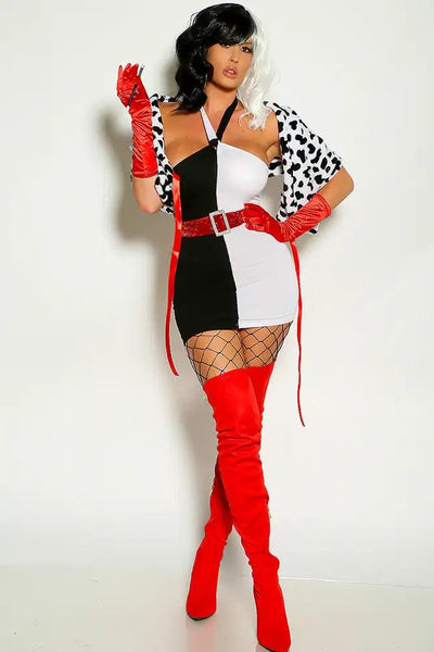 Black White Halter Belted Cruella Three Piece Costume - AMIClubwear