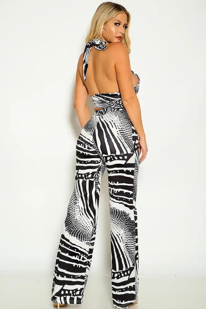 Black White Halter Cross Strap Flared Leg Two Piece Outfit - AMIClubwear